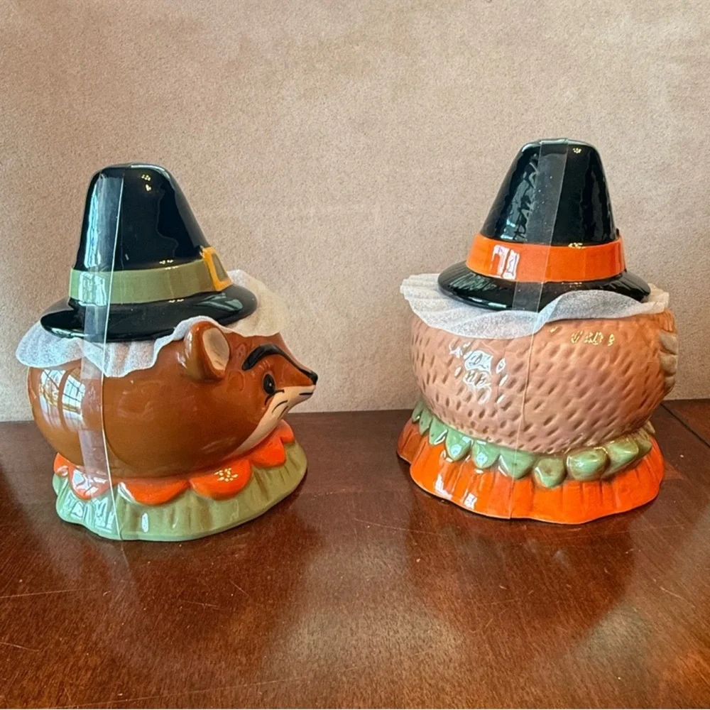 New Johanna Parker Fall Critters 2 Pieces Fox & Owl Small Canister Fall Decor